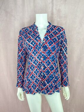 Xiwikj Womens Blue Red Floral Print 100% Cotton Button Down Top Size Medium